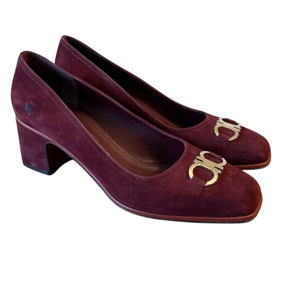 Salvatore Ferragamo Women’s Comiso Suede Leather Pump Chunky Heel Burgundy Sz 8 - Picture 1 of 13
